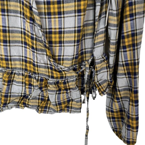Arizona Jeans Wrap Shirt Top Womens Small Plaid Grey Yellow Blue New - Picture 5 of 10